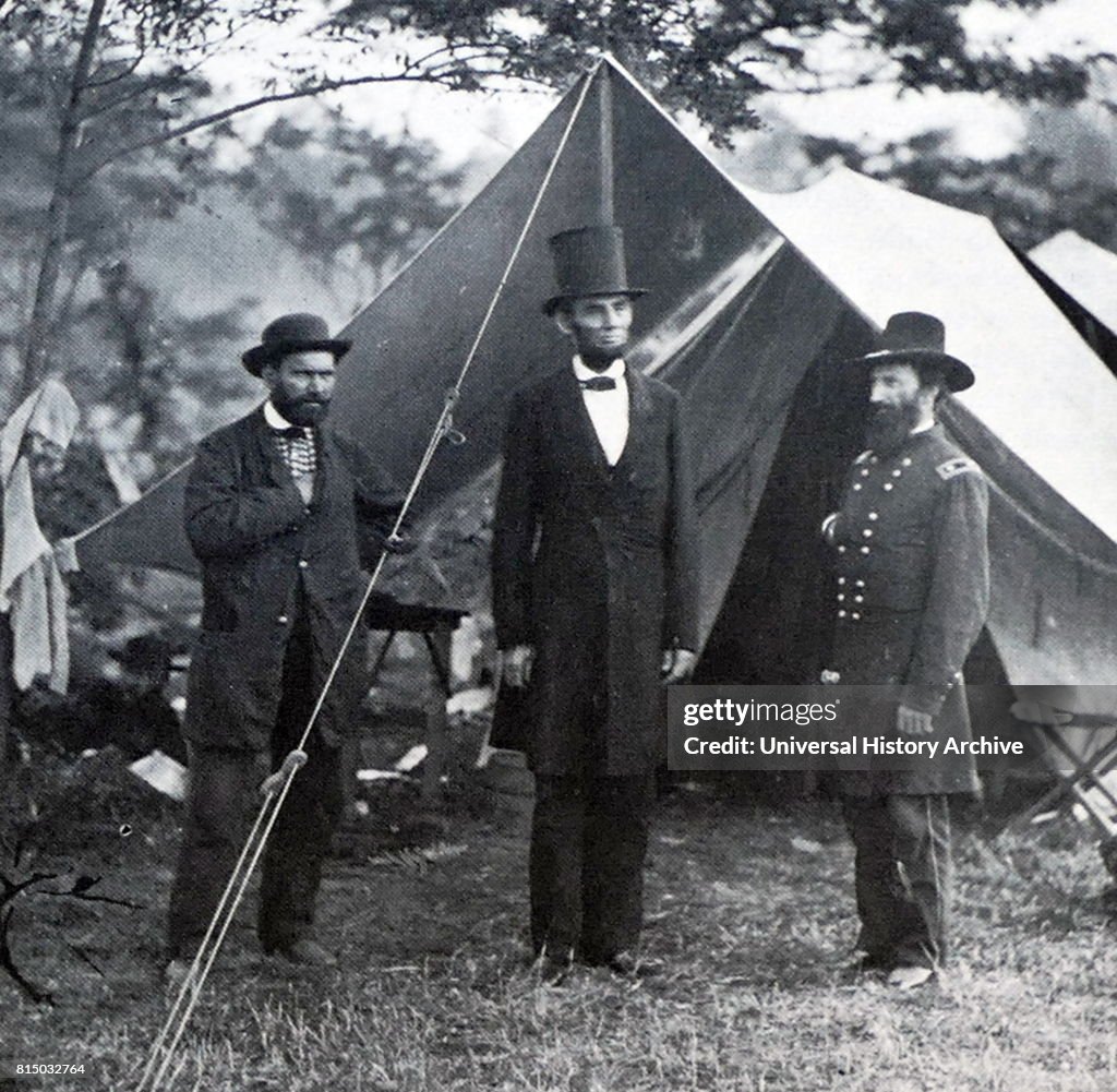 President Abraham Lincoln, Allan Pinkerton and John Alexander McClernand at Antietam during the American Civil War.