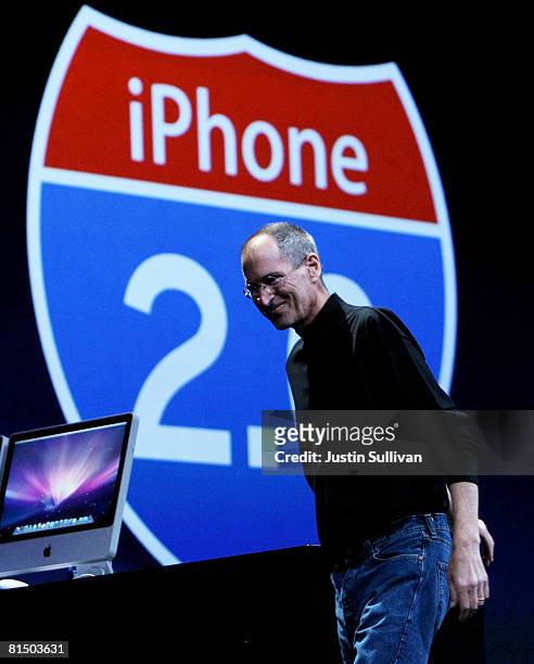 Apple CEO Steve Jobs delivers the keynote address at the Apple Worldwide Web Developers Conference June 9, 2008 in San Francisco, California. Jobs...