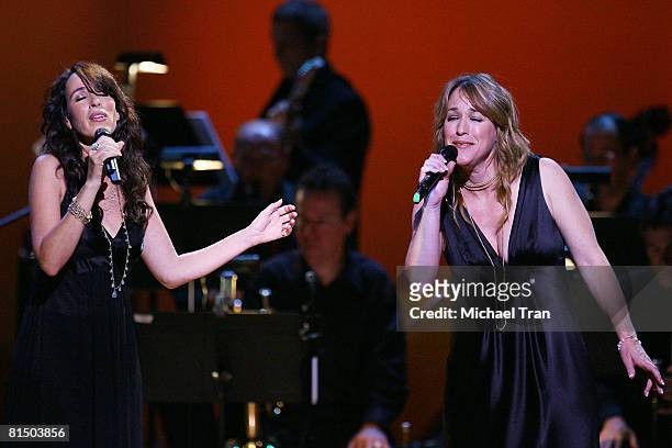 Actresses Maggie Wheeler and Kathleen Wilhoite perform at the "What A Pair! 6" - a celebrity concert benefiting The John Wayne Cancer Institute at...