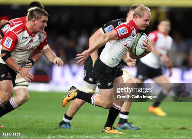 Ross Cronje of the Emirates Lions during the Super Rugby match between Cell C Sharks and Emirates Lions at Growthpoint Kings Park on July 15, 2017 in...