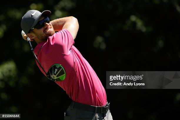 Patrick Rodgers hits his tee shot on the second hole during the third round of the John Deere Classic at TPC Deere Run on July 15, 2017 in Silvis,...