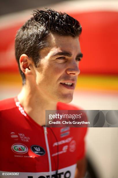 Tony Gallopin of France riding for Lotto Soudal talks to the media before stage 14 of the 2017 Le Tour de France, a 181.5km stage from Blagnac to...