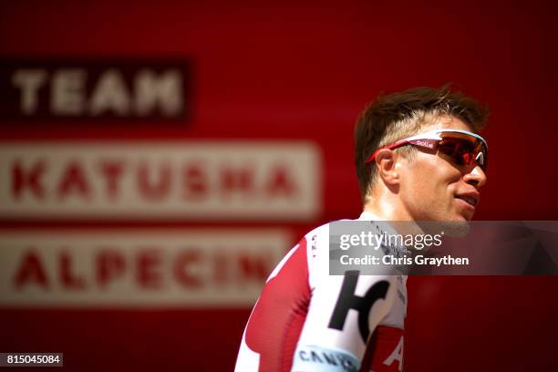 Maurits Lammertink of Netherlands riding for Team Katusha Alpecin talks with the media prior to stage 14 of the 2017 Le Tour de France, a 181.5km...