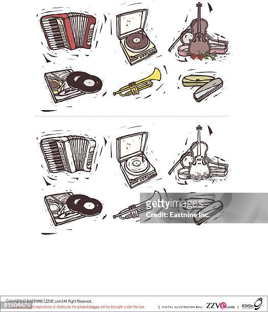 musical instruments displayed against white background - harmonica stock illustrations