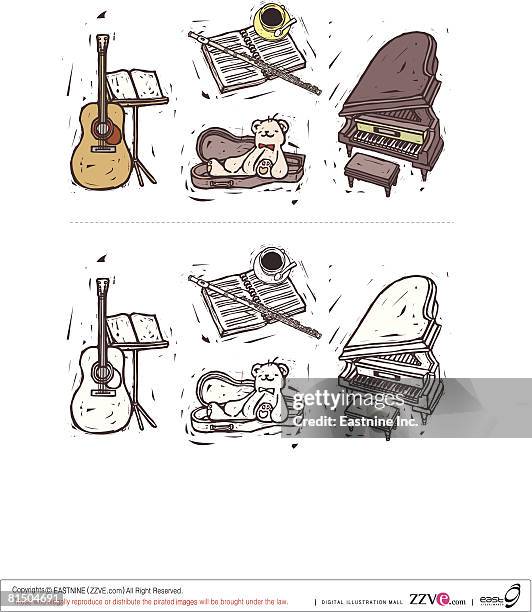 musical instruments displayed against white background - flute player white background stock illustrations