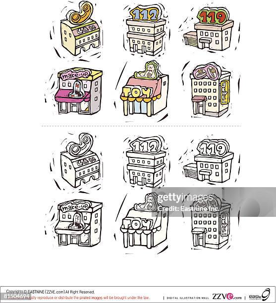 variation of buildings displayed against white background - empty store interior stock illustrations