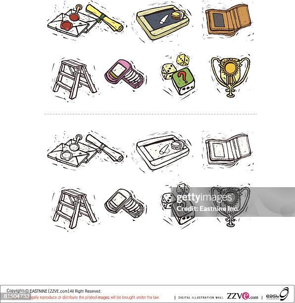 various objects displayed against white background - wooden cubes stock illustrations