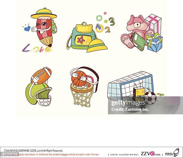 sports objects displayed against white background - toy basketball hoop stock illustrations