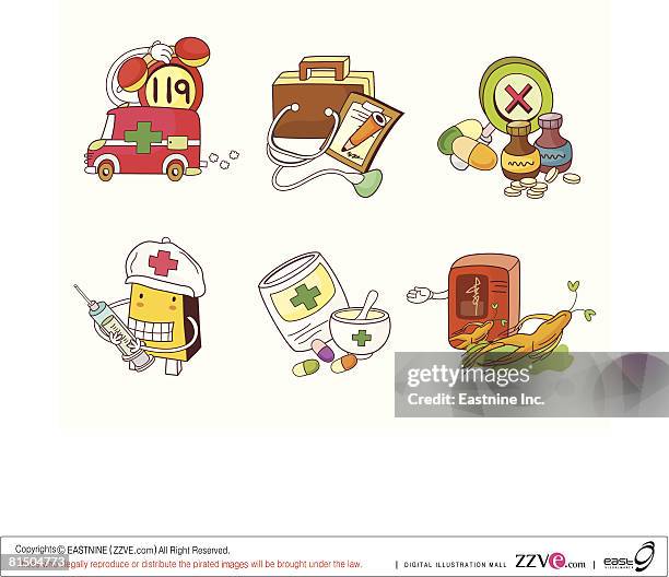 medical objects displayed against white background - security smiling stock illustrations