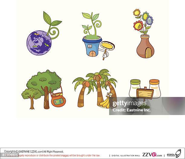 various objects with trees displayed against white background - coconut balls stock illustrations