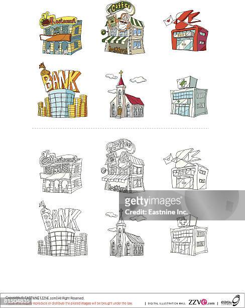 illustrazioni stock, clip art, cartoni animati e icone di tendenza di buildings against white background - architecture restaurant interior