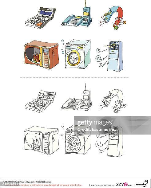 electronic equipments displayed against white background - inside washing machine stock illustrations