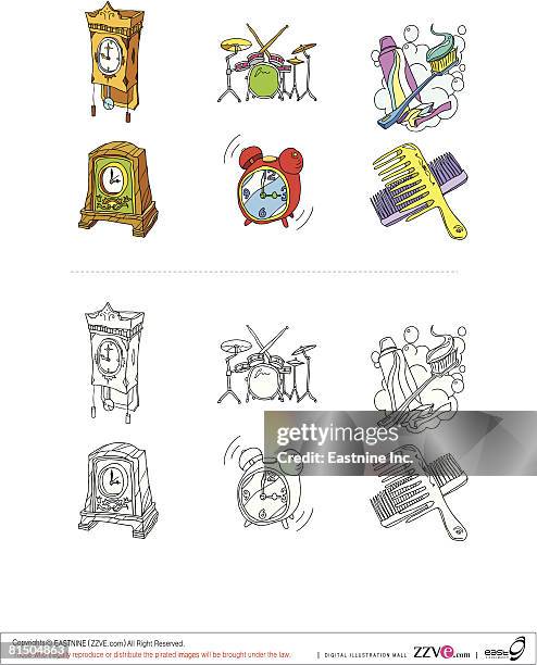 objects displayed against white background - drum set stock illustrations