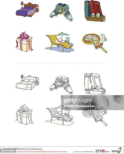 various objects displayed against white background - inline skate stock illustrations