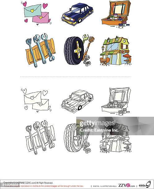 objects displayed against white background - valentines table stock illustrations