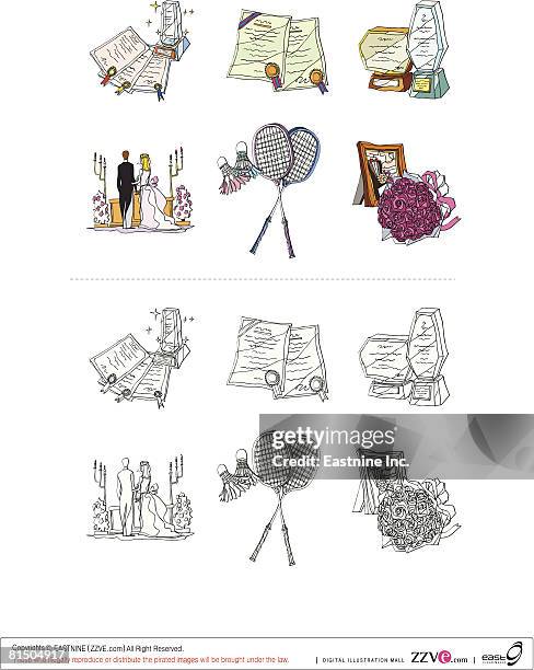various objects displayed against white background - couple decorating stock illustrations