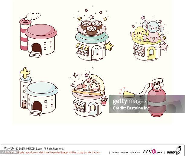 built structures with food and drink items displayed against white background - pizza slice white background stock illustrations