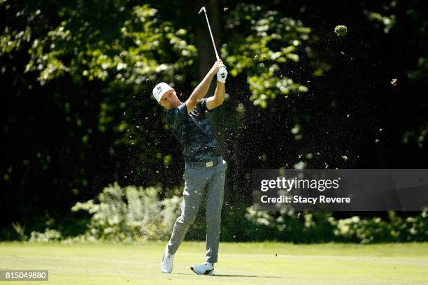 Ben Crane hits his approach shot on the sixth hole during the third round of the John Deere Classic at TPC Deere Run on July 15, 2017 in Silvis,...