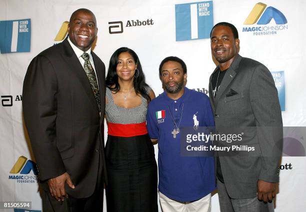 Earvin "Magic" Johnson, Cookie Johnson, director Spike Lee and actor Lamman Rucker attend the premiere of "I Stand With Magic" PSA campaign at AMC...