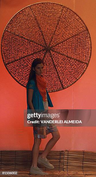 Model presents a creation by designer Teca during the Rio Fashion Week Spring-Summer 2008-09 collection, at the Marina da Gloria on June 9, 2008 in...