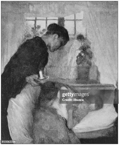 antique photo of paintings: mother and son - child asleep in bedroom at night stock illustrations