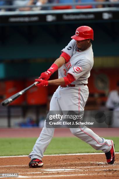 Ken Griffey Jr. #3 of the Cincinnati Reds hits his 600th career home run against the Florida Marlins in the first inning on June 9, 2008 at Dolphin...