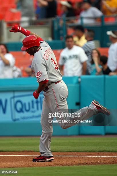 Ken Griffey Jr. #3 of the Cincinnati Reds runs the bases after hitting his 600th career home run against the Florida Marlins in the first inning on...