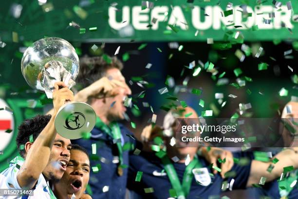 The England Team celebrate after winning the UEFA European Under-19 Championship Final between England and Portugal on July 15, 2017 in Gori, Georgia.