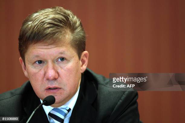 Alexei Miller, head of Russian energy giant Gazprom speaks at a press conference on June 10, 2008 during a meeting of the European Business Congress...