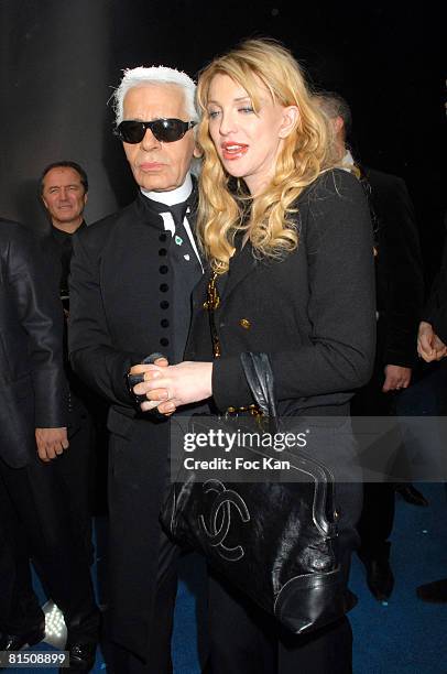 Karl Lagerfeld and Courtney Love attend the Paris Fashion Week - Spring/Summer 2008 - Ready to Wear - Chanel - Photocall and Front Row Grand Palais...