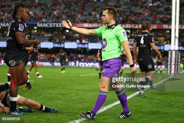 Referee Marius van der Westhuizen during the Super Rugby match between Cell C Sharks and Emirates Lions at Growthpoint Kings Park on July 15, 2017 in...