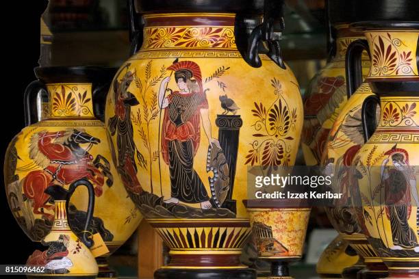 copi es of old greek antique ceramics in shop window. athens, greece - ancient greece stock pictures, royalty-free photos & images