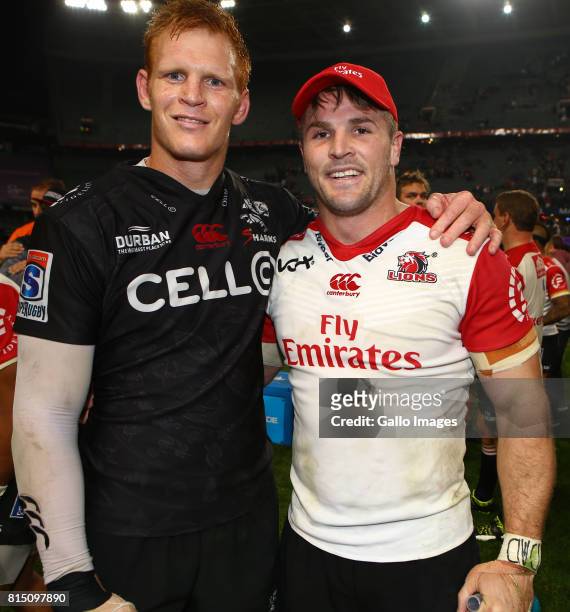 Philip van der Walt of the Cell C Sharks poses with Jaco Kriel of the Emirates Lions during the Super Rugby match between Cell C Sharks and Emirates...