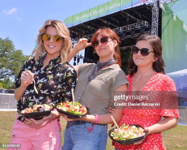 Grace Helbig, Mamrie Hart and Joselyn Hughes freshen up at Wendy's Re-Fresh Tent during Pitchfork Music Festival on July 15, 2017 in Chicago,...