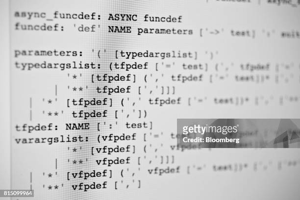 Sample of Python computer code is displayed on a monitor for a photograph in Tiskilwa, Illinois, U.S., on Wednesday, July 12, 2017. Python is a...