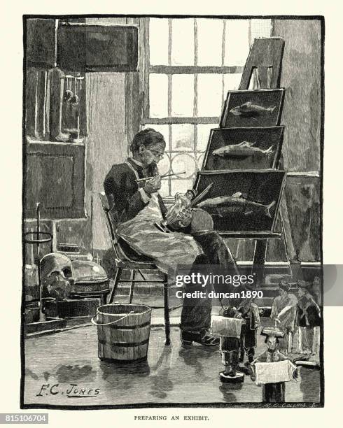 artist preparing an exhibit, smithsonian institution, 1884 - smithsonian museums stock illustrations