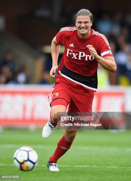 Sebastian Prodl of Watford in action during the pre-season friendly match between AFC Wimbledon and Watford at The Cherry Red Records Stadium on July...