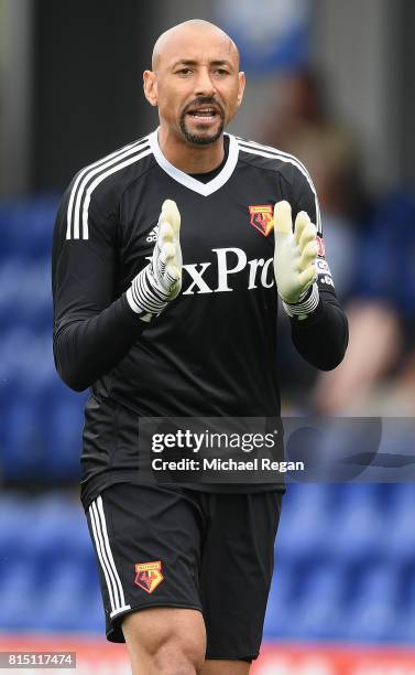 Heurelho Gomes of Watford gestures during the pre-season friendly match between AFC Wimbledon and Watford at The Cherry Red Records Stadium on July...