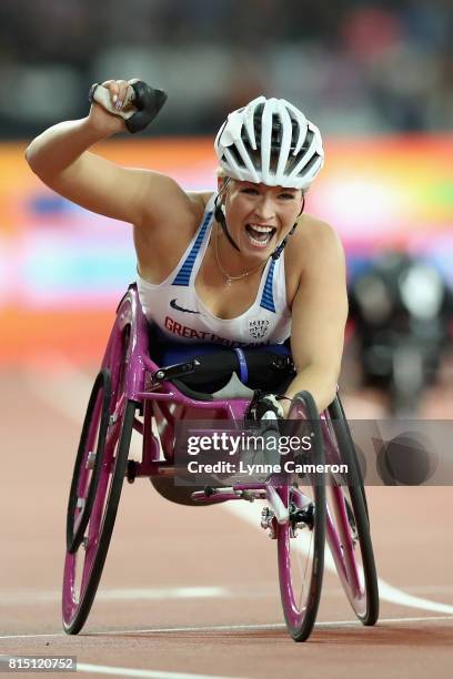Samantha Kinghorn of Great Britain celebrates winning the Women's 200m T53 Final and setting a new world record during Day Two of the IPC World...