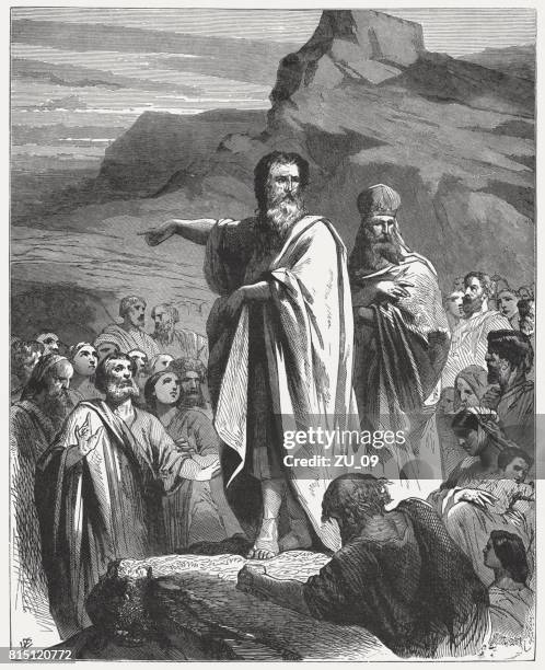 moses exhorts israel to obedience to god (deuteronomy 4, 1) - moses stock illustrations