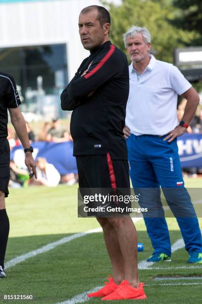 Coach Mark Hughes of Stoke City with Coach Leonardo Jardim Of AS Monaco during the friendly match between AS Monaco and Stoke City at Stade...