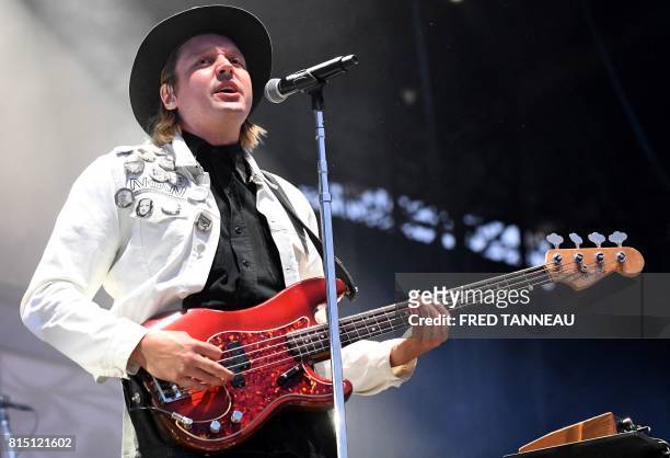 Canadian band Arcade Fire's singer Win Butler performs on the third day of the 26th edition of the "Vieilles Charrues" music festival in...