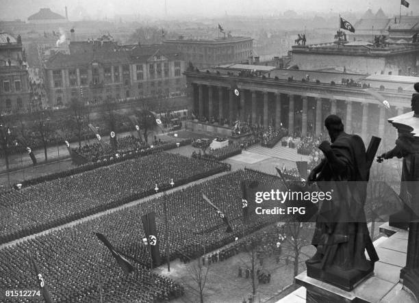 View from Berlin Cathedral over the Lustgarten, where Nazi Leader Adolf Hitler is addressing members of the SA , 30th January 1936.