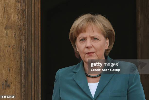 German Chancellor Angela Merkel awaits the arrival of U.S. President George W. Bush at Schloss Meseberg Palace on June 10, 2008 in Meseberg, about 30...