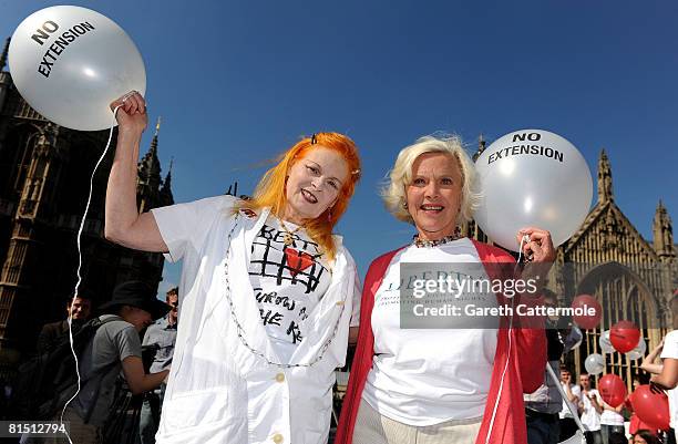 Designer Dame Vivienne Westwood and actress and former Bond girl Honor Blackman attend a protest against the 42 day terror bill outside the Houses of...