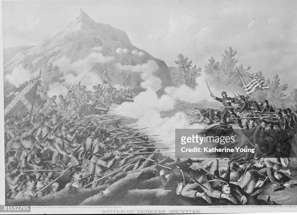 Engraving depicts the Battle of Kennesaw Mountain , one of many a battles in the US Civil War, which occured in Kennesaw, Georgia, June 27, 1864. The...