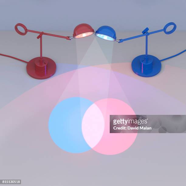 red and blue lamps forming a venn diagram. - venn diagramm stock-fotos und bilder