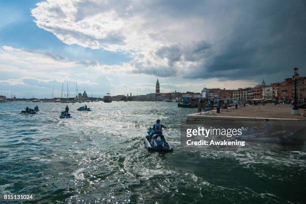 Police patrols the St. Mark basin for the Redentore Celebrations on July 15, 2017 in Venice, Italy77 plague, is one of Venice's most loved...