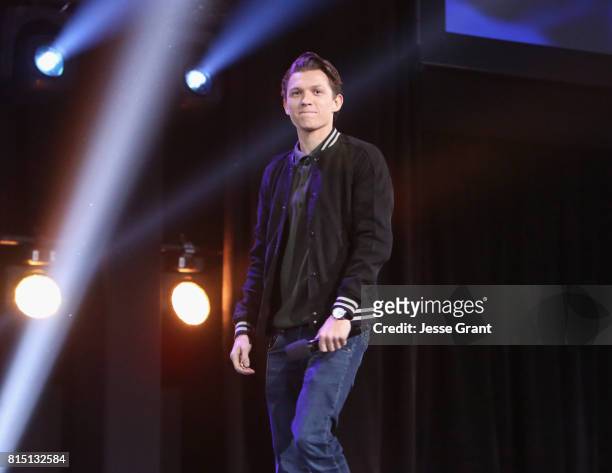 Actor Tom Holland of AVENGERS: INFINITY WAR took part today in the Walt Disney Studios live action presentation at Disney's D23 EXPO 2017 in Anaheim,...