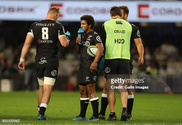 Garth April of the Cell C Sharks during the Super Rugby match between Cell C Sharks and Emirates Lions at Growthpoint Kings Park on July 15, 2017 in...